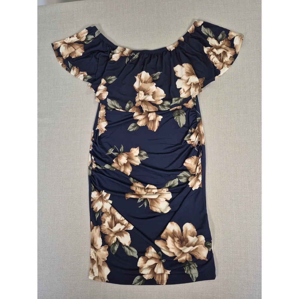 My Bump Floral Off the Shoulder Ruched Maternity Dress Navy Blue Large MD0027